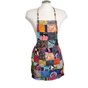 Handmade Patchwork Full Front Bib Apron Ethnic Print Pocket Small Bold Fun Artsy